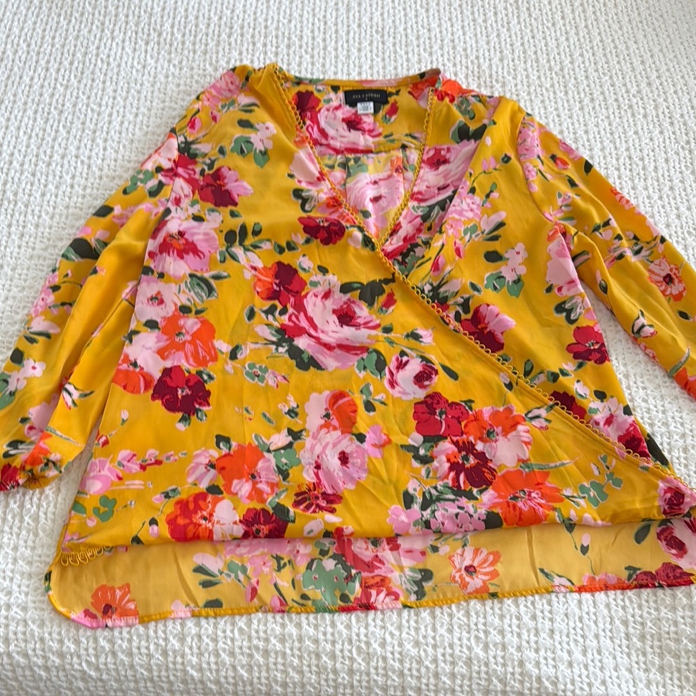 Ava & Aiden Yellow Asymmetrical Wrap Blouse